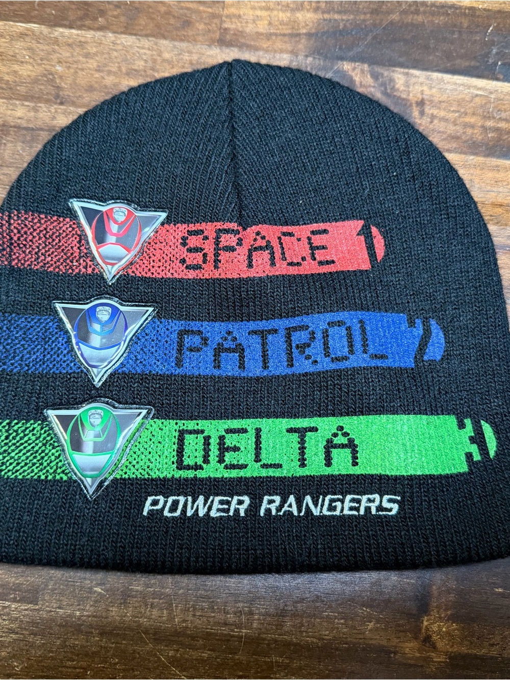 Power Ranger Kids Black Beanie with Red, Blue and Green Stripes